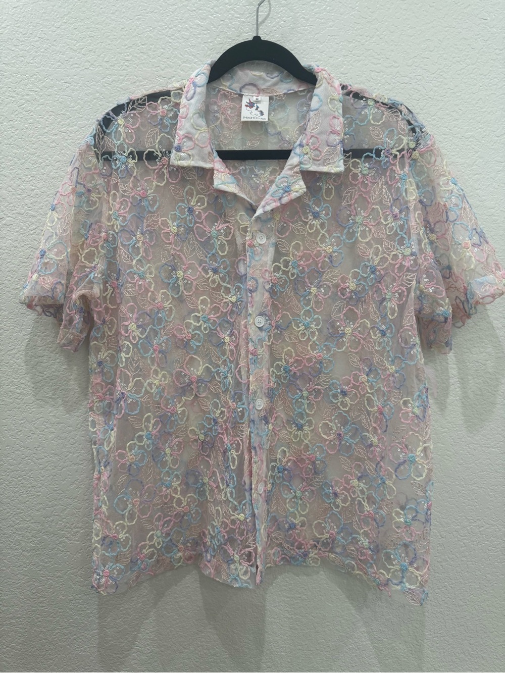 iHeartRaves Mesh Floral Embroidered Sequin Button Shirt Top Medium Festival